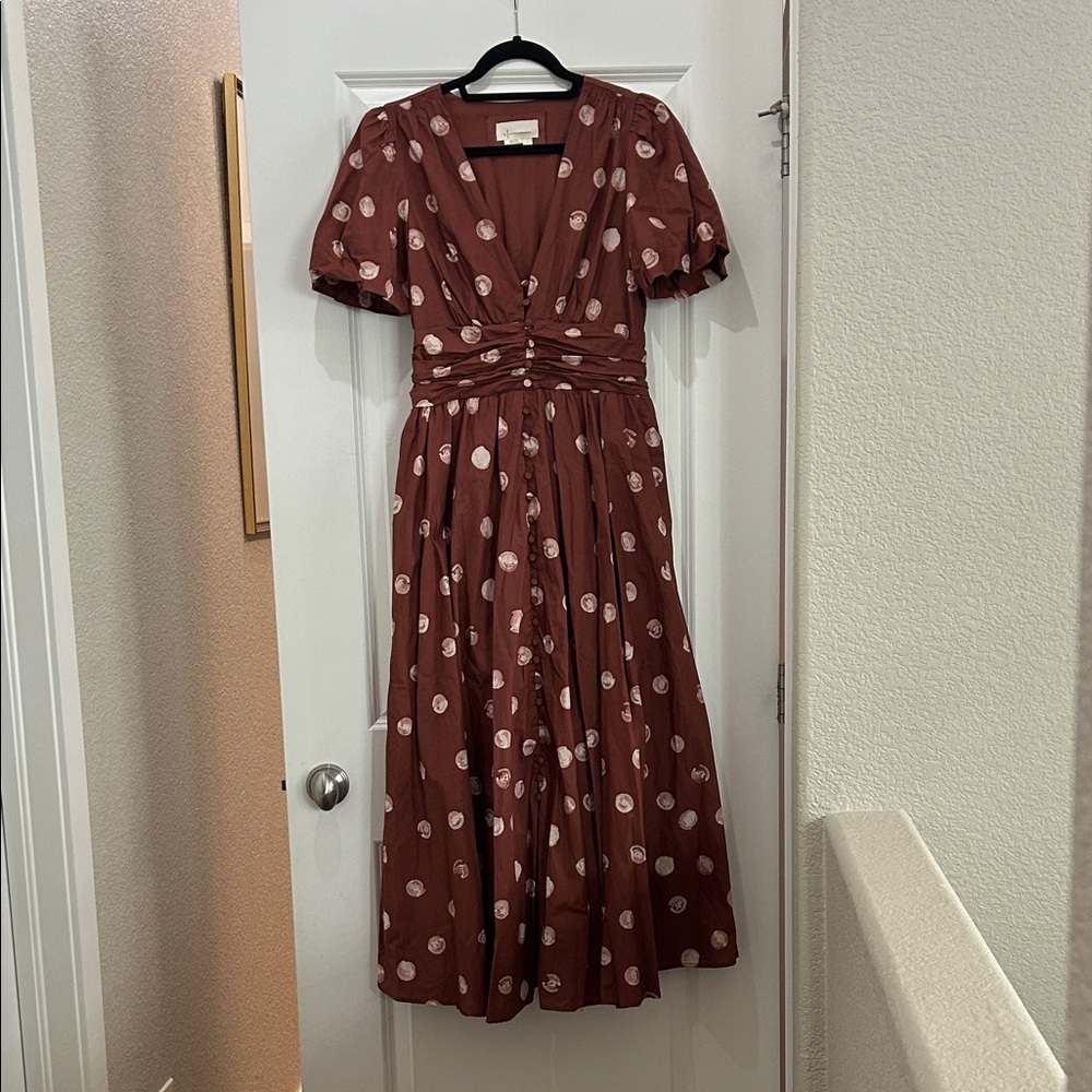 Anthropologie Katerina Rust Polka Dot Midi Dress (Lined) with V-Neck and Buttons